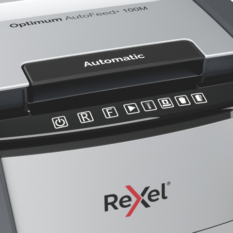 Distrugator automat documente Rexel OPTIMUM 100M  ,  100 coli ,  P5 ,  micro-cut (tip particule) ,  cos 34 litri ,  negru-gri ,  Cod Produs: 2020100MEU [4]
