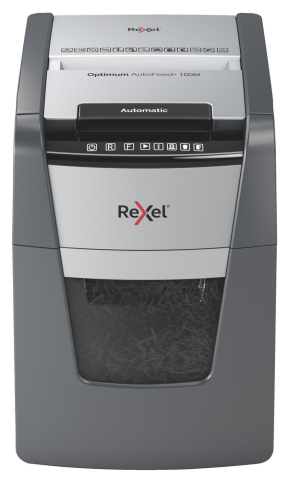 Distrugator automat documente Rexel OPTIMUM 100M  ,  100 coli ,  P5 ,  micro-cut (tip particule) ,  cos 34 litri ,  negru-gri ,  Cod Produs: 2020100MEU [1]