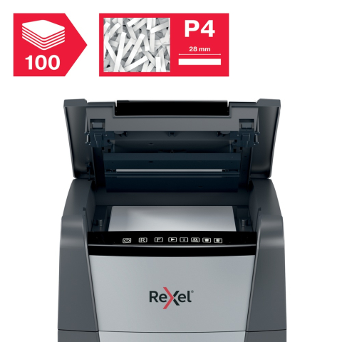 Distrugator automat documente Rexel OPTIMUM 100X , 100 coli, P4, cross-cut (tip confeti), cos  34 litri, negru-gri, Cod Produs: 2020100XEU [9]