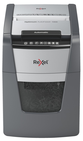 Distrugator automat documente Rexel OPTIMUM 100X , 100 coli, P4, cross-cut (tip confeti), cos  34 litri, negru-gri, Cod Produs: 2020100XEU [1]