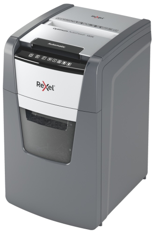 Distrugator automat documente Rexel OPTIMUM 150X  ,  150 coli ,  P4 ,  cross-cut (tip confeti) ,  cos 44 litri ,  negru-gri ,  Cod Produs: 2020150XEU [0]
