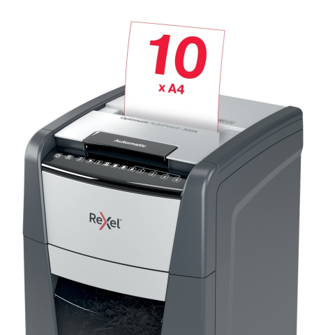 Distrugator automat documente Rexel OPTIMUM 300X , 300 coli , P4 , cross-cut (tip confeti) , cos 60 litri , negru-gri , Cod Produs: 2020300XEU [9]