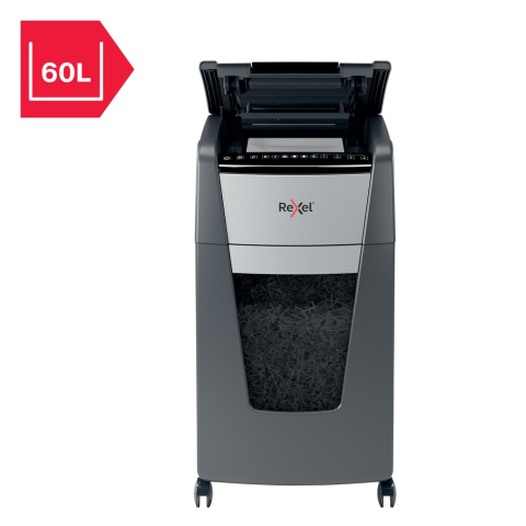 Distrugator automat documente Rexel OPTIMUM 300X , 300 coli , P4 , cross-cut (tip confeti) , cos 60 litri , negru-gri , Cod Produs: 2020300XEU [5]