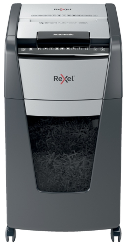 Distrugator automat documente Rexel OPTIMUM 300X , 300 coli , P4 , cross-cut (tip confeti) , cos 60 litri , negru-gri , Cod Produs: 2020300XEU [1]