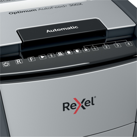 Distrugator automat documente Rexel OPTIMUM 300X , 300 coli , P4 , cross-cut (tip confeti) , cos 60 litri , negru-gri , Cod Produs: 2020300XEU [4]