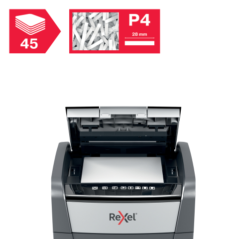 Distrugator automat documente Rexel OPTIMUM 45X  ,  45 coli ,  P4 ,  cross-cut (tip confeti) ,  cos 20 litri ,  negru-gri ,  Cod Produs: 2020045XEU [5]