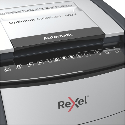 Distrugator automat documente Rexel OPTIMUM 600X  ,  600 coli ,  P4 ,  cross-cut (tip confeti) ,  cos 110 litri ,  negru-gri ,  Cod Produs: 2020600XEU [4]