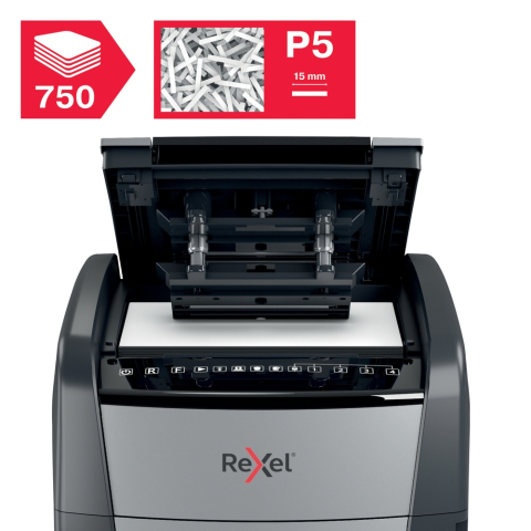 Distrugator automat documente Rexel OPTIMUM 750M  ,  750 coli ,  P5 ,  micro-cut (tip particule) ,  cos 140 litri ,  negru-gri ,  Cod Produs: 2020750MEU [8]
