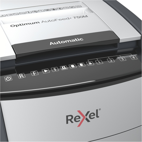 Distrugator automat documente Rexel OPTIMUM 750M  ,  750 coli ,  P5 ,  micro-cut (tip particule) ,  cos 140 litri ,  negru-gri ,  Cod Produs: 2020750MEU [4]