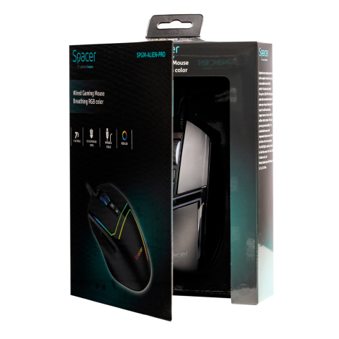 MOUSE Spacer - gaming, gaming, cu fir, USB, optic, 12.000 dpi, butoane/scroll 7/1, iluminare RGB, negru, Cod Produs: SPGM-ALIEN-PRO [4]
