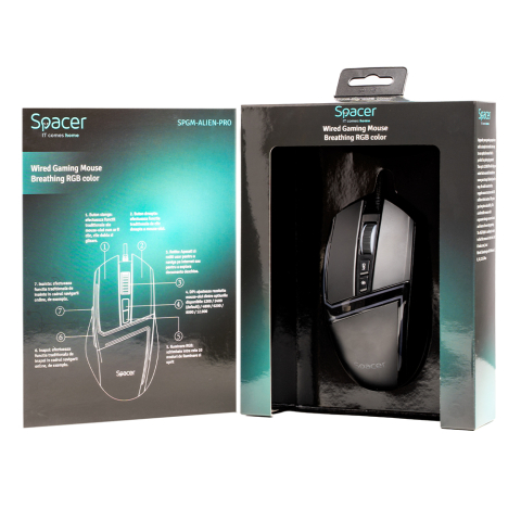 MOUSE Spacer - gaming, gaming, cu fir, USB, optic, 12.000 dpi, butoane/scroll 7/1, iluminare RGB, negru, Cod Produs: SPGM-ALIEN-PRO [5]