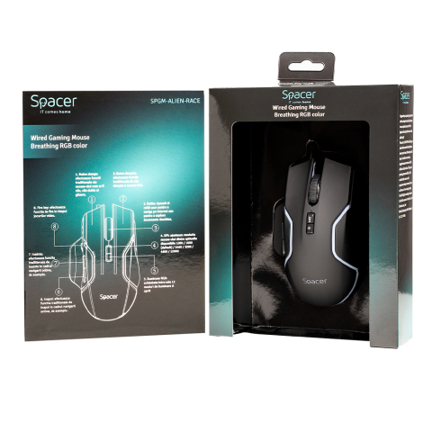 MOUSE Spacer - gaming, gaming, cu fir, USB, optic, 12.000 dpi, butoane/scroll 8/1, iluminare RGB, negru, Cod Produs: SPGM-ALIEN-RACE [5]