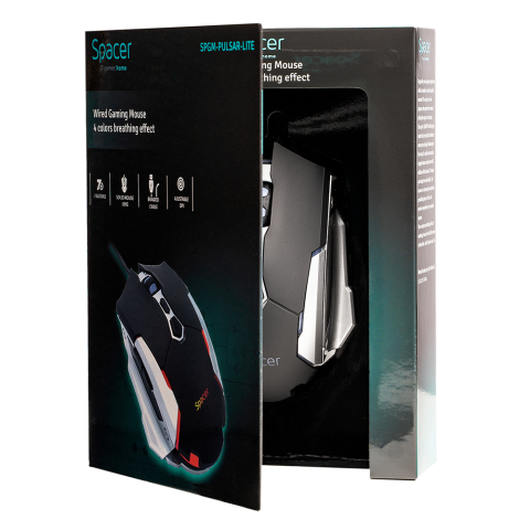 MOUSE Spacer - gaming, gaming, cu fir, USB, optic, 3.200 dpi, butoane/scroll 7/1, iluminare, negru, Cod Produs: SPGM-PULSAR-LITE [4]