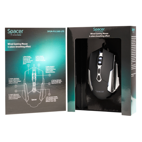 MOUSE Spacer - gaming, gaming, cu fir, USB, optic, 3.200 dpi, butoane/scroll 7/1, iluminare, negru, Cod Produs: SPGM-PULSAR-LITE [5]