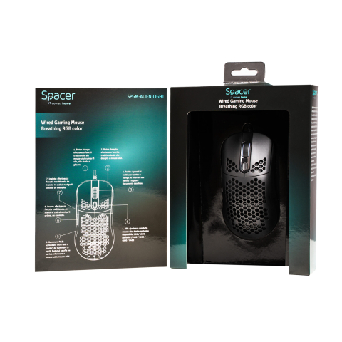 MOUSE Spacer - gaming, gaming, cu fir, USB, optic, 6.400 dpi, butoane/scroll 7/1, iluminare RGB, negru, Cod Produs: SPGM-ALIEN-LIGHT [12]