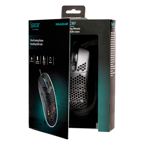 MOUSE Spacer - gaming, gaming, cu fir, USB, optic, 6.400 dpi, butoane/scroll 7/1, iluminare RGB, negru, Cod Produs: SPGM-ALIEN-LIGHT [11]