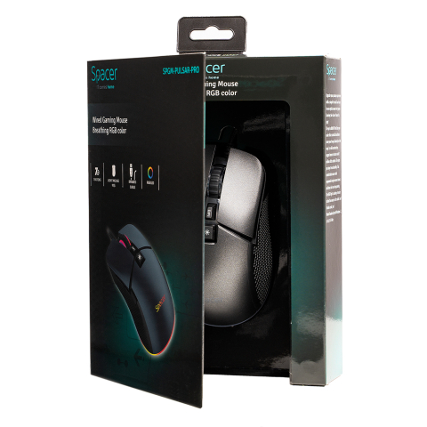 MOUSE Spacer - gaming, gaming, cu fir, USB, optic, rezolutie selectabila max. 8.000 dpi, butoane/scroll 7/1, iluminare RGB, negru, Cod Produs: SPGM-PULSAR-PRO [4]