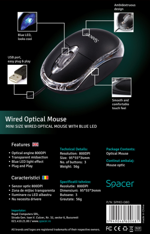 MOUSE  Spacer, PC sau NB, cu fir, USB, optic,  800 dpi, butoane/scroll 3/1, , negru, Cod Produs: SPMO-080 [6]