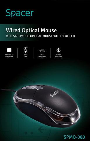 MOUSE  Spacer, PC sau NB, cu fir, USB, optic,  800 dpi, butoane/scroll 3/1, , negru, Cod Produs: SPMO-080 [5]