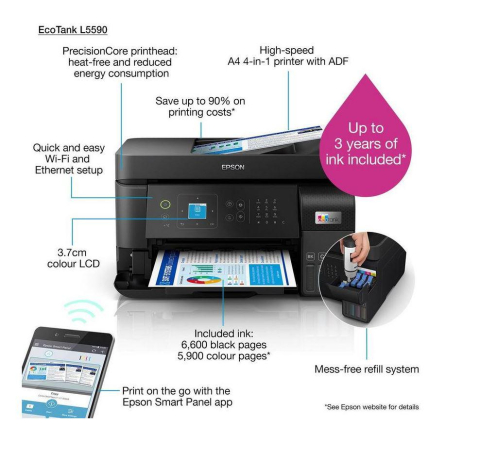 Echipamente de printare si scanare - Multifunctional Inkjet CISS Color Epson L5590, A4, Functii:Impr|Scan|Cop|Fax,Viteza Print Mono:33ppm,Viteza Print color:15ppm,Conectiv:USB|Retea|Wi-Fi,Duplex:,ADF:Da, (Timbru Verde 23lei) C11CK57403(R