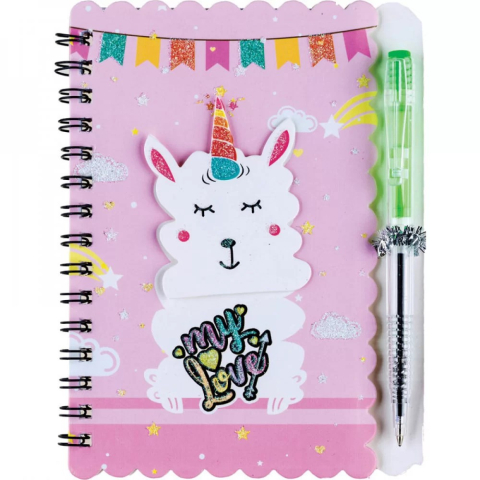 Carnetele si organizatoare - Notebook A6 model I LOVE LAMA 140 x 103mm cu spirala dubla si pix inclus