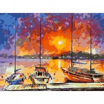 Panze de pictura - Panza de pictura pe numere cu rama de lemn dimensiune 40x50 cm model BARCI PE MARE