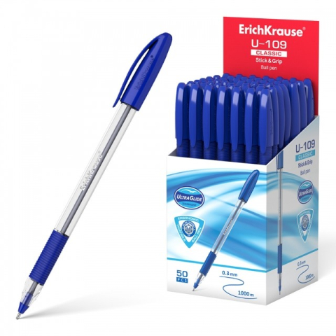 Pixuri cu mina si mine - Pix cu capac ULTRA GLIDE U-109 CLASSIC grip mina ALBASTRU 1,0mm 50buc/cutie