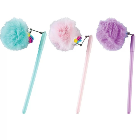 Pixuri cu mina si mine - Pix cu snur RAINBOW POMPON cu capac mina 0,7mm albastra 24buc/display