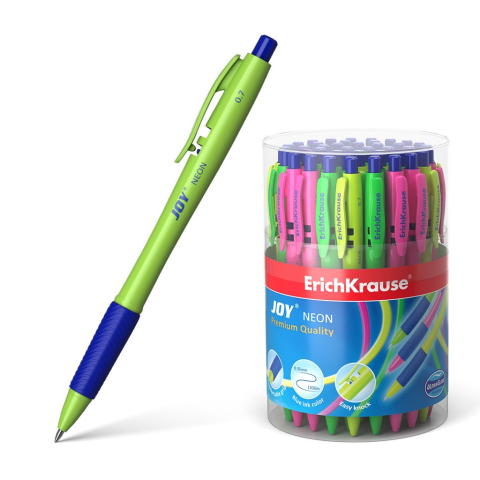 Pixuri cu mecansim - Pix JOY NEON cu mecanism si grip mina ALBASTRU 0,7mm  50buc/borcan