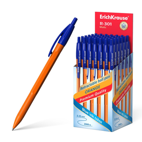 Pixuri cu mecansim - Pix R-301 ORANGE cu mecanism si grip mina ALBASTRU 0,7mm  50buc/cutie