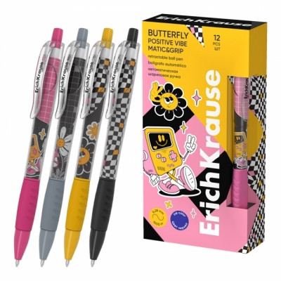 Pixuri cu mecansim - Pix retractabil ErichKrause Butterfly Matic&Grip Positive Vibe 0.7 12 buc/cutie