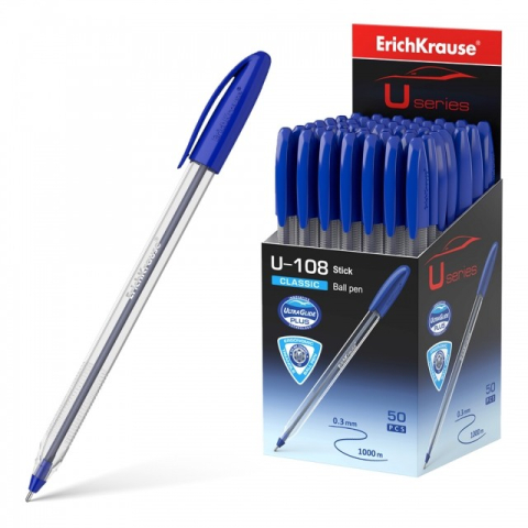 Pixuri cu mecansim - Pix U-108 STICK CLASSIC cu mecanism mina ALBASTRU 1,0mm  50buc/cutie