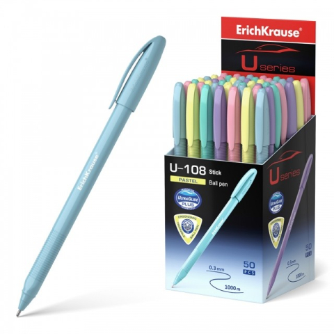 Pixuri cu mecansim - Pix U-108 STICK PASTEL cu mecanism mina ALBASTRU 1,0mm  50buc/cutie