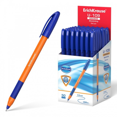 Pixuri cu mecansim - Pix U-109 STICK ORANGE cu mecanism si grip mina ALBASTRU 1,0mm  50buc/cutie