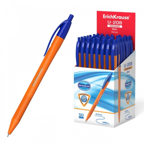 Pixuri cu mecansim - Pix U-208 ORANGE cu mecanism si grip mina ALBASTRU 1,0mm  50buc/cutie