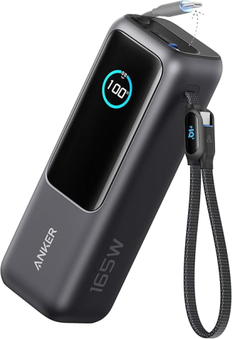 Electronice - POWER BANK Anker 25.000 mAh, 165W 2 x cablu USB-C incorporat, 3 x USB-C (max 100W per port), 1 x USB-A (max 30W), afisaj LED, 595g, gri, Cod Produs: A1695H11