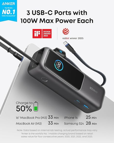 POWER BANK Anker 25.000 mAh ,  165W 2 x cablu USB-C incorporat ,  3 x USB-C (max 100W per port) ,  1 x USB-A (max 30W) ,  afisaj LED ,  595g ,  gri ,  Cod Produs: A1695H11 [1]