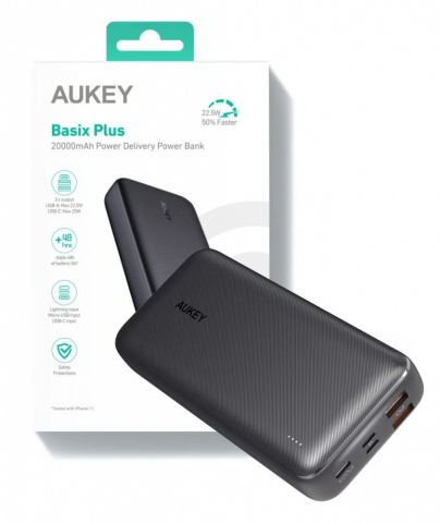 Power bank - POWER BANK Aukey 20.000 mAh ,  18W incarcare rapida 5-in-1 ,  1 x USB-C ,  2 x USB-A ,  1 x USB-Lighting ,  1 x Micro-USB ,  386g ,  negru ,  Cod Produs: EU001-LLTSN1018450C