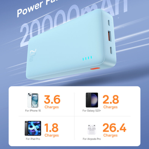 POWER BANK Baseus Airpow ,  20000mAh ,  20W ,  1 x USB; 1 x USB Type-C input/output ,  total 3A ,  include cablu USB la USB Type-C de 50cm ,  albastru ,  Cod Produs: P10022804313-00 [4]