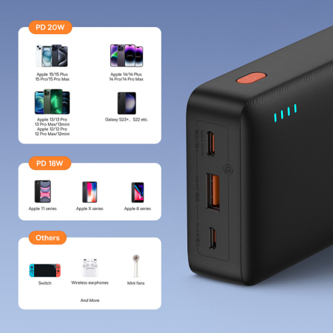 POWER BANK Baseus Airpow ,  20000mAh ,  20W ,  1 x USB; 1 x USB Type-C input/output ,  total 3A ,  include cablu USB la USB Type-C de 50cm ,  negru ,  Cod Produs: P10022804113-00 [1]