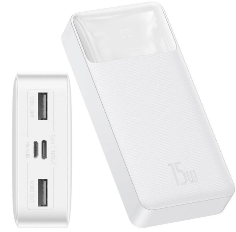 POWER BANK Baseus Bipow Digital Display ,  20000mAh ,  PD 15W ,  2 x USB; 1 x USB Type-C ,  1 x Micro USB digital display pt. status baterie ,  total 3A ,  alb Cod Produs: PPDML-J02 [1]