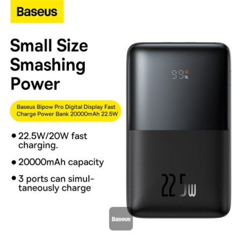 POWER BANK Baseus Bipow Pro , 20000mAh , PD 22.5W , 2 x USB; 1 x USB Type-C , digital display pt. status baterie , include cablu USB la USB Type-C de 30 cm , negru Cod Produs: PPBD040301 [3]