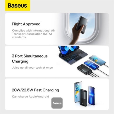 POWER BANK Baseus Bipow Pro , 20000mAh , PD 22.5W , 2 x USB; 1 x USB Type-C , digital display pt. status baterie , include cablu USB la USB Type-C de 30 cm , negru Cod Produs: PPBD040301 [2]