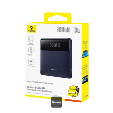 POWER BANK Baseus Blade H1 ,  20000mAh ,  PD 100W ,  ultra thin ,  2 x USB; 2 x USB Type-C ,  display digital pt. status baterie ,  total 5A ,  include cablu USB Type-C la USB Type-C ,  negru ,  Cod P [9]