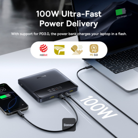 POWER BANK Baseus Blade H1 ,  20000mAh ,  PD 100W ,  ultra thin ,  2 x USB; 2 x USB Type-C ,  display digital pt. status baterie ,  total 5A ,  include cablu USB Type-C la USB Type-C ,  negru ,  Cod P [6]