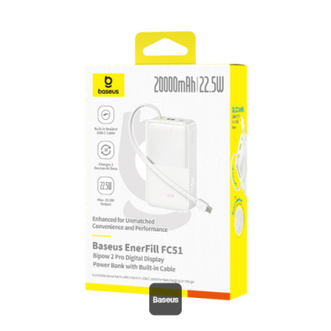 POWER BANK Baseus EnerFill FC51 Bipow2 Pro ,  20000mAh ,  PD 22.5W ,  1 x USB; 1 x cablu integrat USB Type-C ,  1 x Type-C ,  digital display pt. status baterie , total 2.4A ,  alb Cod Produs: E002770 [6]