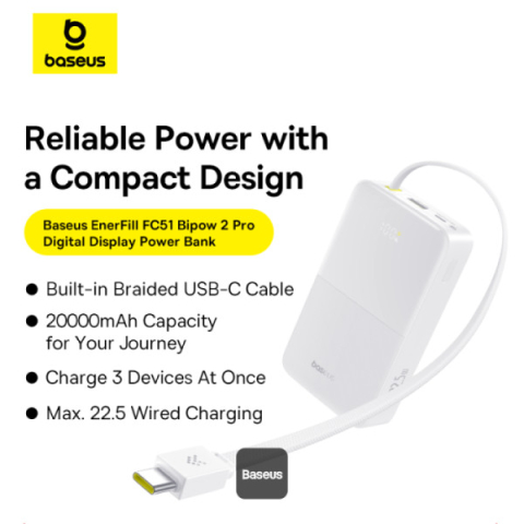 POWER BANK Baseus EnerFill FC51 Bipow2 Pro ,  20000mAh ,  PD 22.5W ,  1 x USB; 1 x cablu integrat USB Type-C ,  1 x Type-C ,  digital display pt. status baterie , total 2.4A ,  alb Cod Produs: E002770 [3]