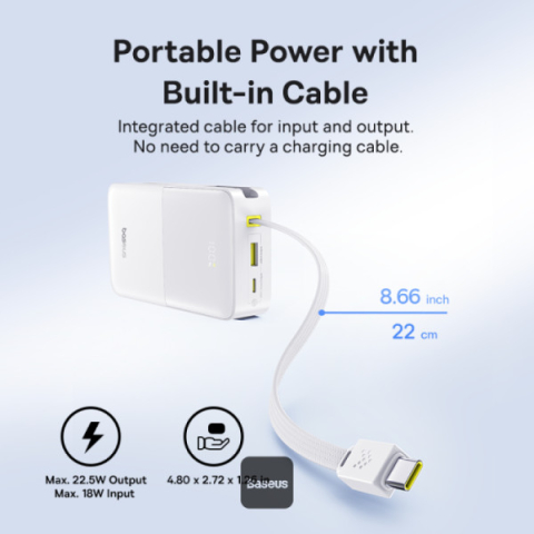 POWER BANK Baseus EnerFill FC51 Bipow2 Pro ,  20000mAh ,  PD 22.5W ,  1 x USB; 1 x cablu integrat USB Type-C ,  1 x Type-C ,  digital display pt. status baterie , total 2.4A ,  alb Cod Produs: E002770 [2]