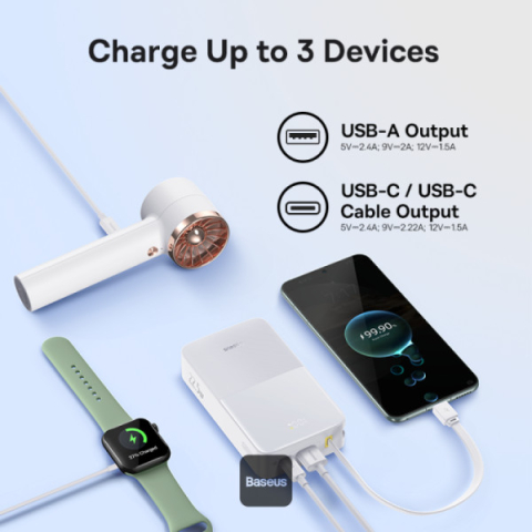 POWER BANK Baseus EnerFill FC51 Bipow2 Pro ,  20000mAh ,  PD 22.5W ,  1 x USB; 1 x cablu integrat USB Type-C ,  1 x Type-C ,  digital display pt. status baterie , total 2.4A ,  alb Cod Produs: E002770 [5]