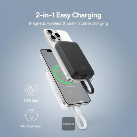 POWER BANK Baseus Magnetic Mini Wireless ,  10000mAh ,  30W ,  2 x USB Type-C output/input ,  15W wireless charging ,  cablu integrat USB Type-C ,  negru ,  Cod Produs: P1002210B113-00 [1]